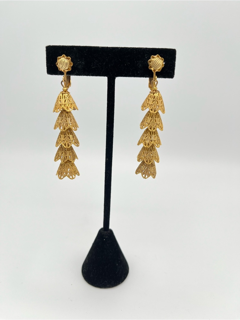 Signed 1950 Vtg Miriam Haskell Gold Filigree Tiered Bell Flower Drop Earrings